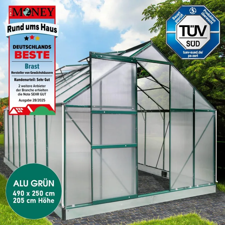 BRAST Gewächshaus Aluminium mit Fundament | 42 Modelle | 130x190x195cm - 490x250x235cm | TÜV geprüft | 6mm Hohlkammerplatten | rostfrei wetterfest temperaturbeständig | 490x250x205cm Grün – Bild 3
