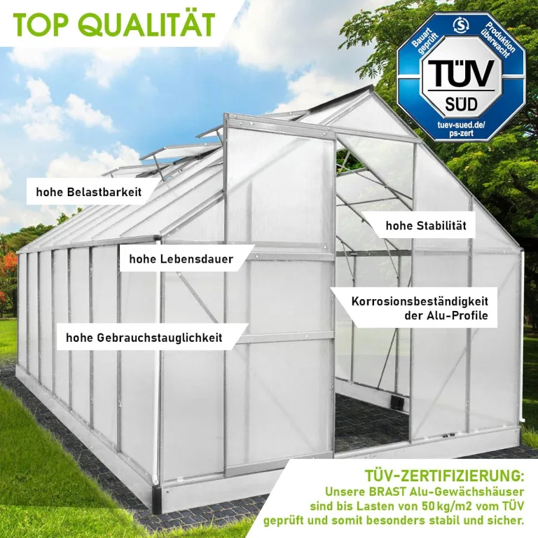 BRAST Gewächshaus Aluminium mit Fundament | 42 Modelle | 130x190x195cm - 490x250x235cm | TÜV geprüft | 6mm Hohlkammerplatten | rostfrei wetterfest temperaturbeständig | 430x250x205cm Silber – Bild 4