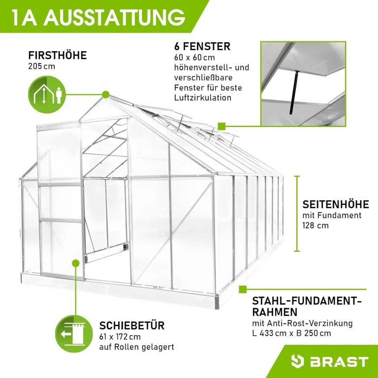 BRAST Gewächshaus Aluminium mit Fundament | 42 Modelle | 130x190x195cm - 490x250x235cm | TÜV geprüft | 6mm Hohlkammerplatten | rostfrei wetterfest temperaturbeständig | 430x250x205cm Silber – Bild 7