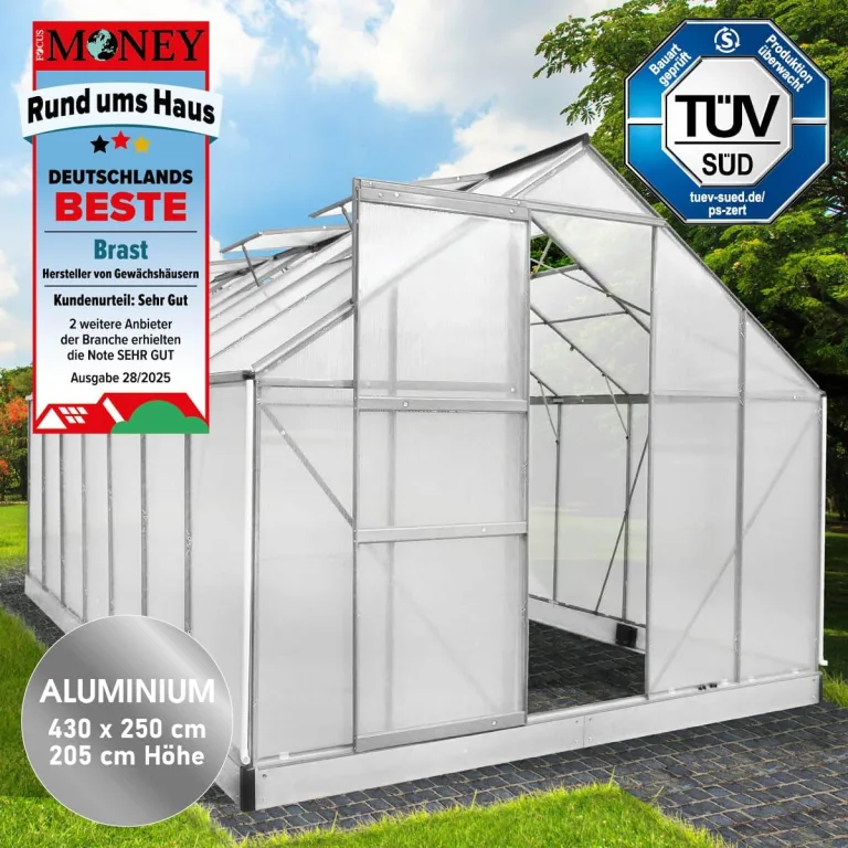 BRAST Gewächshaus Aluminium mit Fundament | 42 Modelle | 130x190x195cm - 490x250x235cm | TÜV geprüft | 6mm Hohlkammerplatten | rostfrei wetterfest temperaturbeständig | 430x250x205cm Silber – Bild 3