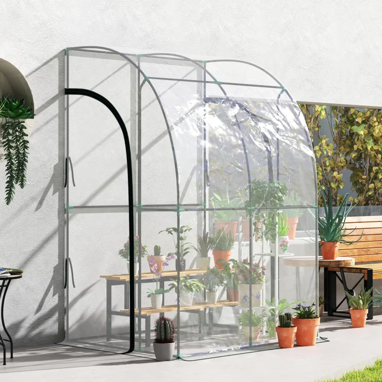 Outsunny Anbau-Garten-Gewächshaus, Balkongewächshaus, verstärkte Abdeckplane aus PVC, Gestell aus Stahl, 2 aufrollbare Reißverschlusstüren, für Gemüse, Blumen, drinnen und draußen, 143 x 118 x 212 cm, – Bild 2