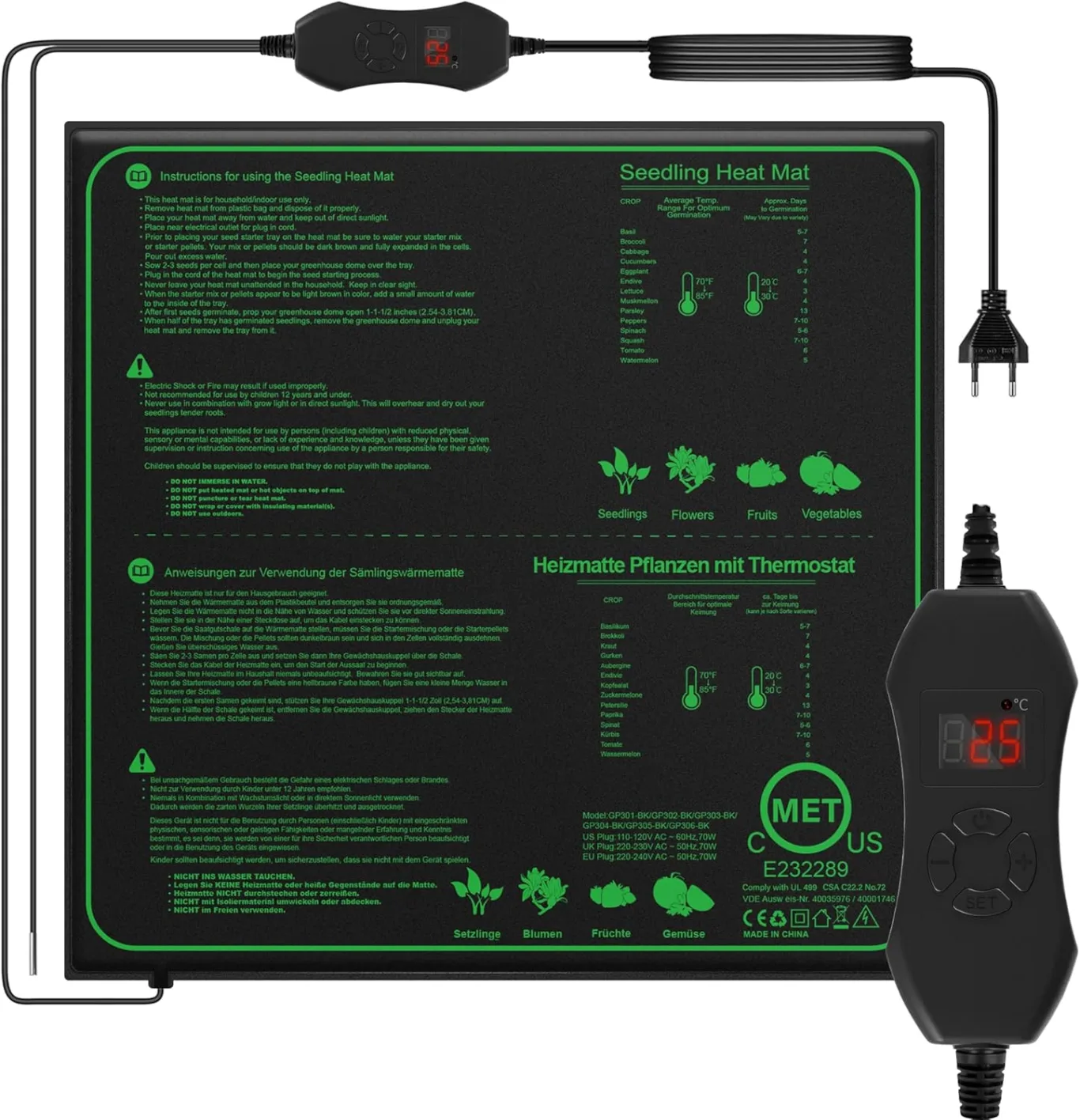 70W Heizmatte Pflanzen mit Thermostat - Schnelle Erwärmung, Feuerschutz, Wärmematte zur Keimung und Temperatur-Regulierung, ideal für Sämlinge, Haustiere und Reptilien (70W - 1er Pack) - Bild 1
