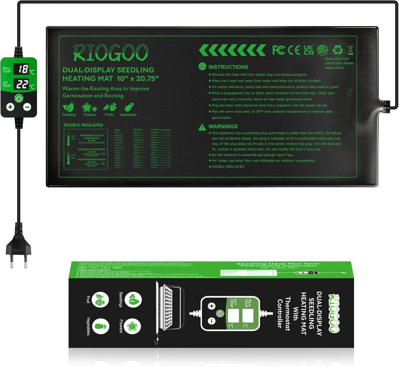 RIOGOO Heizmatte für Setzlinge mit digitalem Thermostatregler, 10 x 20,75 Zoll, 30 W Heizkissen für Saatgutstart, Keimung, Hydrokultur, Brauen, Züchtung, Gewächshäuser - Bild 1