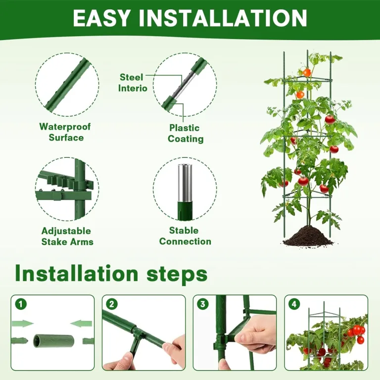 6 Stück Tomaten Rankhilfe 120 cm Höhe Tomate Rankhilfe im Set mit Twist Tie und clips Rankhilfe für Rosen Tomate Kletterpflanzen metall Pflanzenhalter für Tomate, Gurken, Rosen, Garten (Grün) – Bild 5