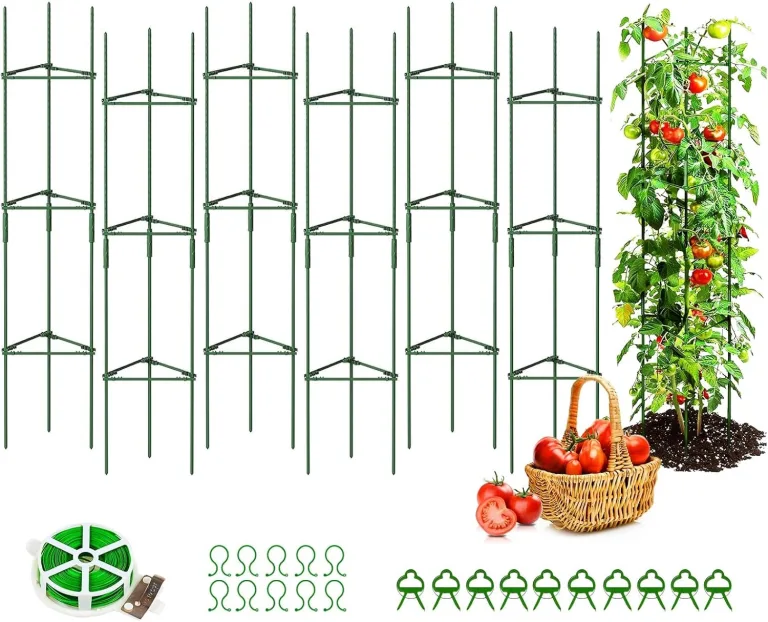 6 Stück Tomaten Rankhilfe 120 cm Höhe Tomate Rankhilfe im Set mit Twist Tie und clips Rankhilfe für Rosen Tomate Kletterpflanzen metall Pflanzenhalter für Tomate, Gurken, Rosen, Garten (Grün) – Bild 1