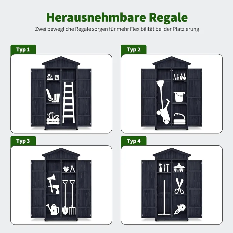 M MCombo Gartenschrank Gartenhaus Holz Wetterfest, Outdoor Wasserdicht Schrank mit Boden, für Außenbereich Balkon Terrasse, Aufbewahrungsschrank mit 2 Bewegliche Regale 74×99×193 cm (Anthrazitgrau) – Bild 4