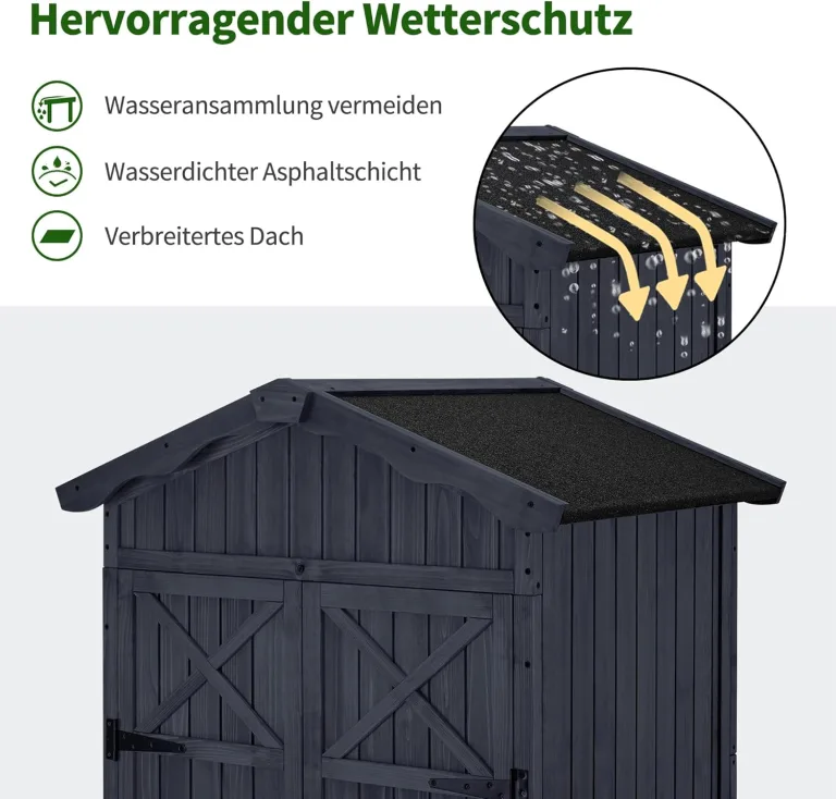 M MCombo Gartenschrank Gartenhaus Holz Wetterfest, Outdoor Wasserdicht Schrank mit Boden, für Außenbereich Balkon Terrasse, Aufbewahrungsschrank mit 2 Bewegliche Regale 74×99×193 cm (Anthrazitgrau) – Bild 5