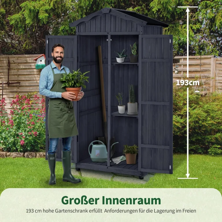 M MCombo Gartenschrank Gartenhaus Holz Wetterfest, Outdoor Wasserdicht Schrank mit Boden, für Außenbereich Balkon Terrasse, Aufbewahrungsschrank mit 2 Bewegliche Regale 74×99×193 cm (Anthrazitgrau) – Bild 2