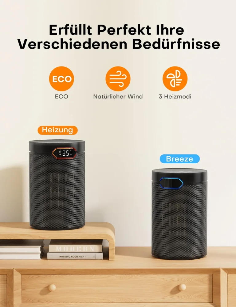 QEXREED Heizlüfter, 1500W, PTC Heizlüfter Energiesparend mit ECO Modus, 4 Heizmodi, Breeze Modus, Thermostat, 24H Timer, Fernbedienung, Überhitzungs- & Kippschutz, Tragbar & Leise, für Zuhause, Büro – Bild 7