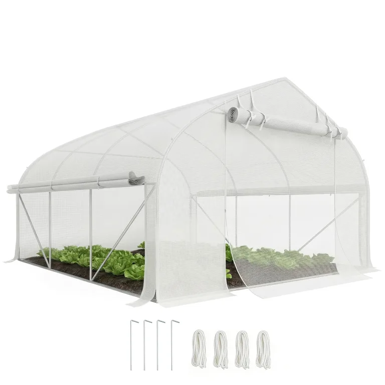 Outsunny Tunnelgewächshaus, 10,4 m², Gartenhaus, UV-beständig, Rolltür mit Reißverschluss, Fenster aus Mesh, verzinktes Stahlrohr und PE 140g/㎡, 350 x 300 x 200 cm, weiß