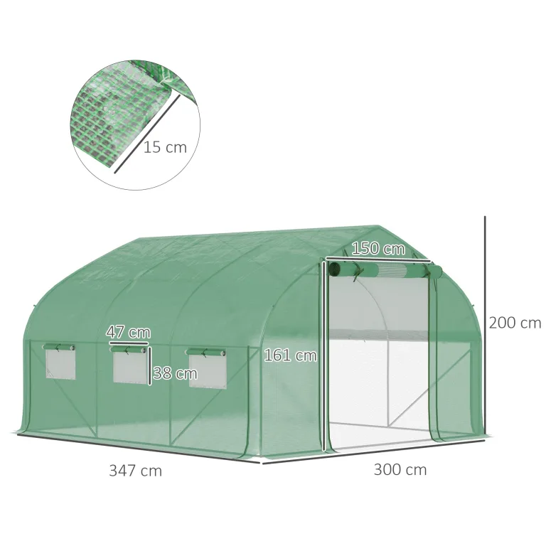 Outsunny Tunnelgewächshaus, 10,4 m², Gartenhaus, UV-beständig, Reißverschlusstür zum Aufrollen, Fenster aus Mesh, verzinktes Stahlrohr und PE 140g/㎡, 350 x 300 x 200 cm, grün – Bild 7