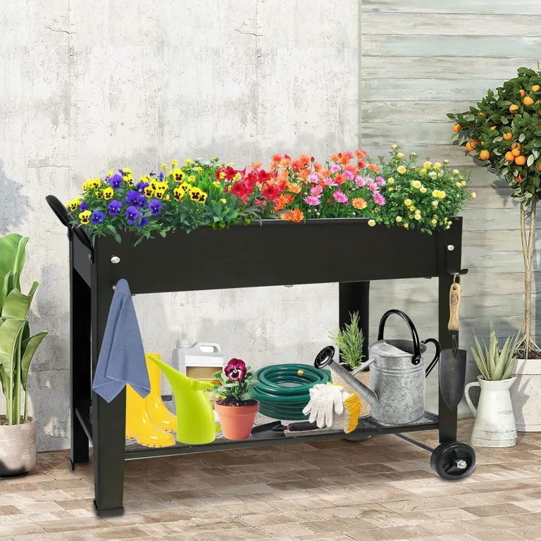 Hochbeet, Stehender Pflanzkasten, Blumenkasten mit Ablageboden, Kräuterbeet, Hochbeete-Kit aus Metall, Pflanzbeet Blumenbeet für Garten Balkon Terrasse, 100 x 28 x 80 cm, Rechteckig, Schwarz – Bild 6
