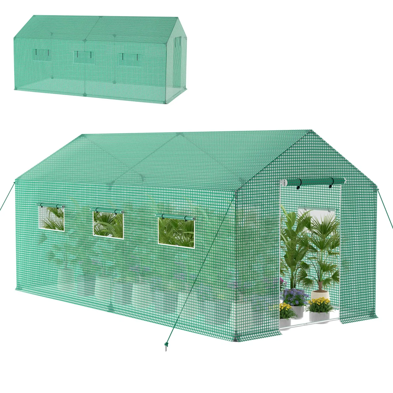 Froadp Gewächshaus Foliengewächshaus 4,5x2x2 m Folientunnel Winterfest Treibhaus Tomatengewächshaus 18 ㎡ Stabiles Tomatenhaus mit Verzinktem Stahlrohr inkl. Tür & Fenster, Grün - Bild 1