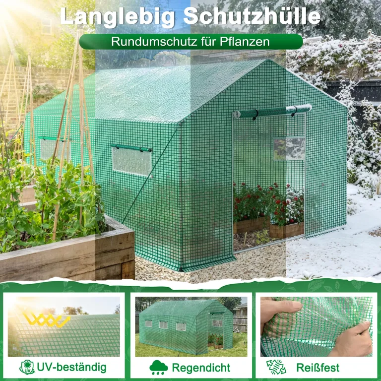 Froadp Gewächshaus Foliengewächshaus 4,5x2x2 m Folientunnel Winterfest Treibhaus Tomatengewächshaus 18 ㎡ Stabiles Tomatenhaus mit Verzinktem Stahlrohr inkl. Tür & Fenster, Grün – Bild 3