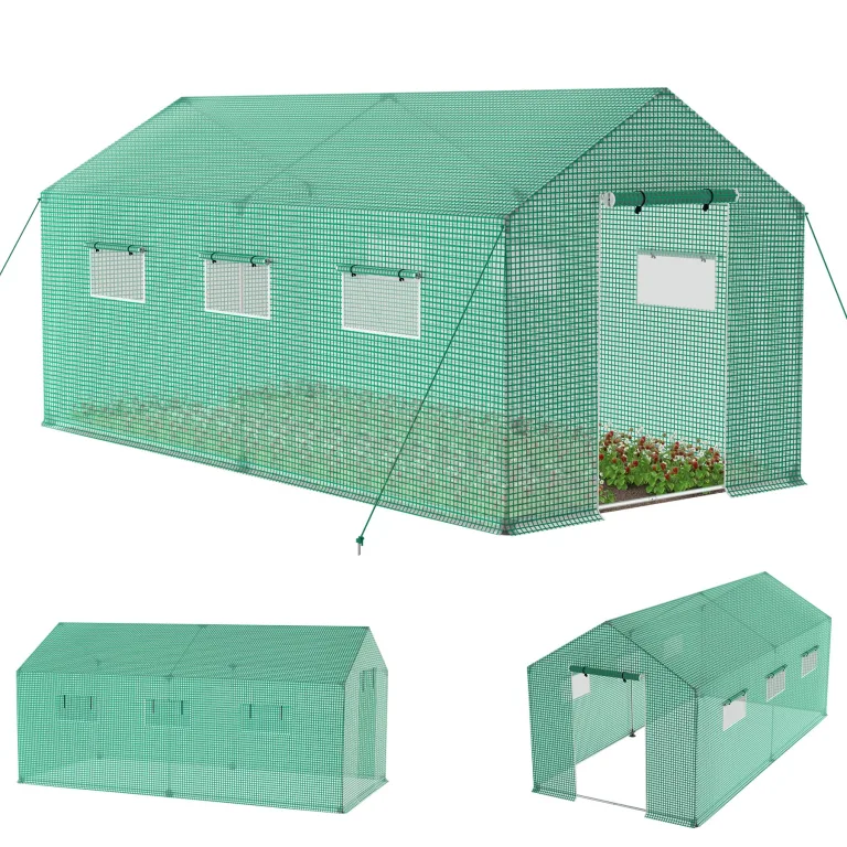 UISEBRT Gewächshaus Winterfest Foliengewächshaus Tomatenhaus mit Gitternetzfolie, Fenster und Erdankern, Verzinkte Rohrrahmen, Frostschutz Treibhaus für Garten Pflanzenanbau (9㎡, 4.5x2x2 m Grün) – Bild 1