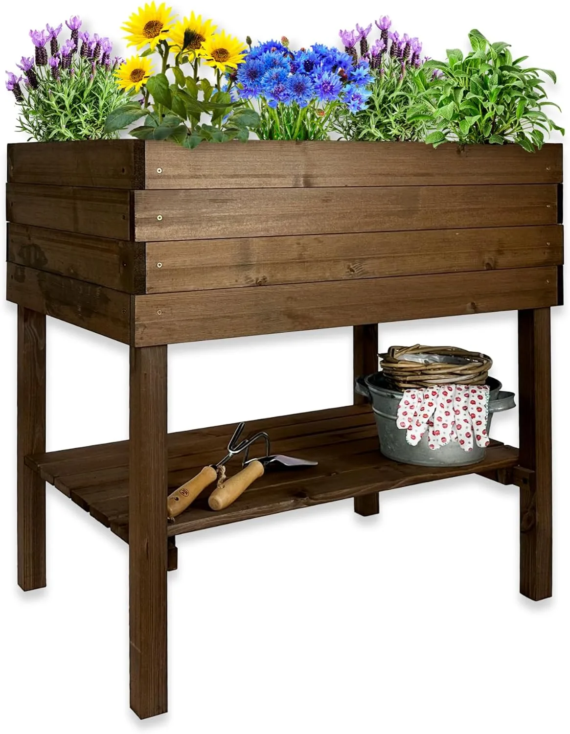 gartenetage Hochbeet XL mit Ablage und Pflanzfolie - Wetterfest, Ergonomisch, Inklusive Schutzlasur, Robustes Kiefernholz, Braun - Bild 1