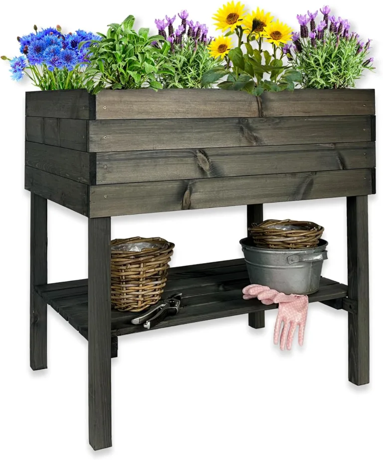 gartenetage Hochbeet XL mit Ablage und Pflanzfolie - Wetterfest, Ergonomisch, Inklusive Schutzlasur, Robustes Kiefernholz, Braun – Bild 11