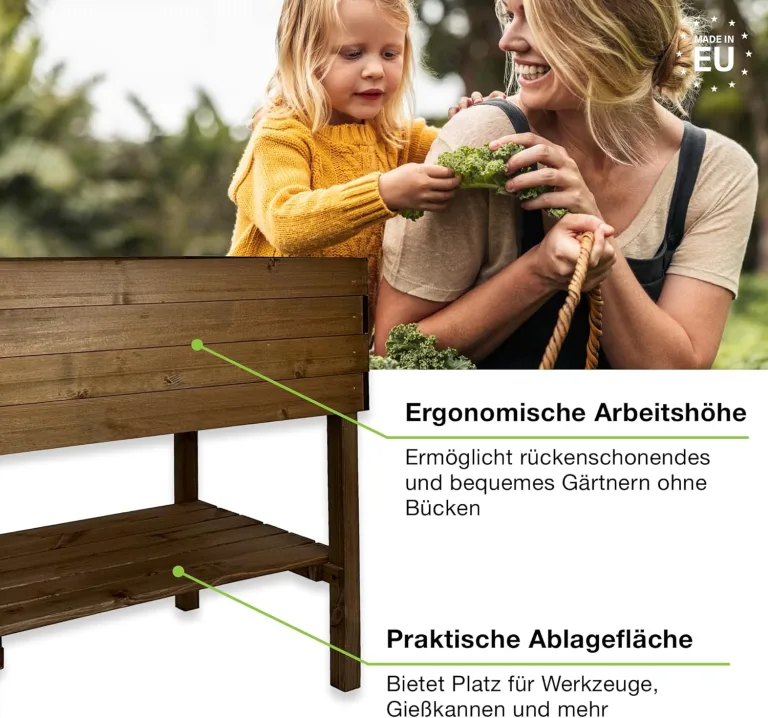 gartenetage Hochbeet XL mit Ablage und Pflanzfolie - Wetterfest, Ergonomisch, Inklusive Schutzlasur, Robustes Kiefernholz, Braun – Bild 5