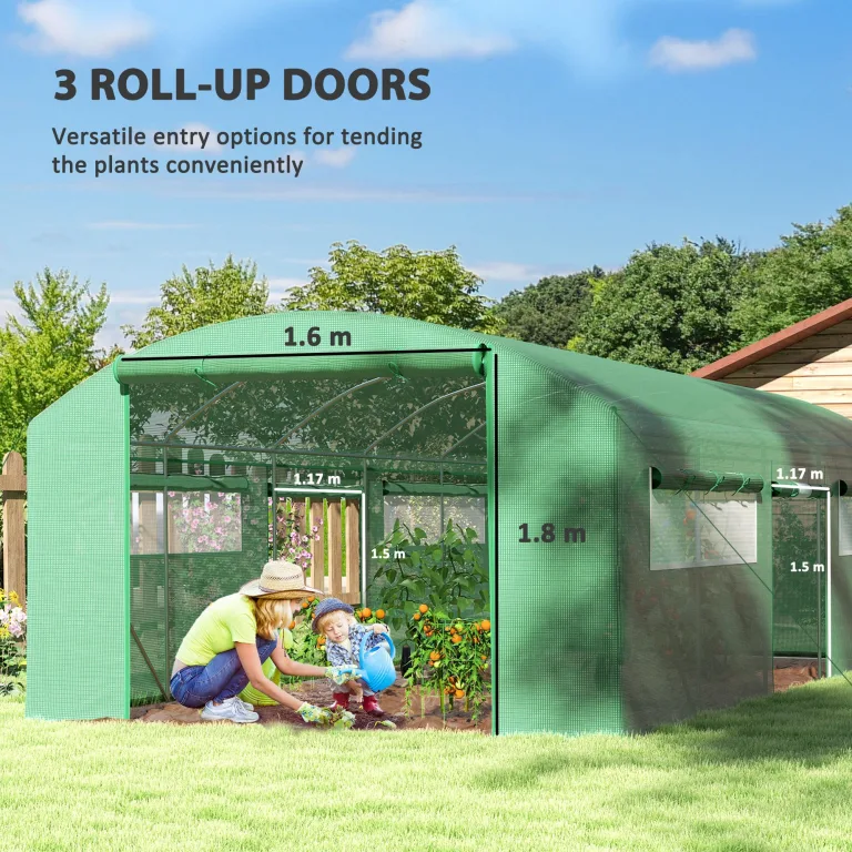 Outsunny Tunnelgewächshaus mit 3 Rolltüren, 6 Fenstern, Heringen und Seilen, verzinkter Stahl und PE Garten- und Pflanzengewächshaus, 6x3x2 m, grün – Bild 3
