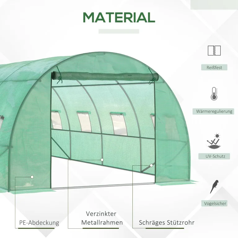Outsunny Gewächshaus ca. 6 x 3 x 2 m Foliengewächshaus mit 8 Fenster, Rolltür, Aufrollbar Seitenwänden, UV-beständiger Folientunnel, Winterfest Tomatenhaus mit Erdanker, Grün – Bild 4
