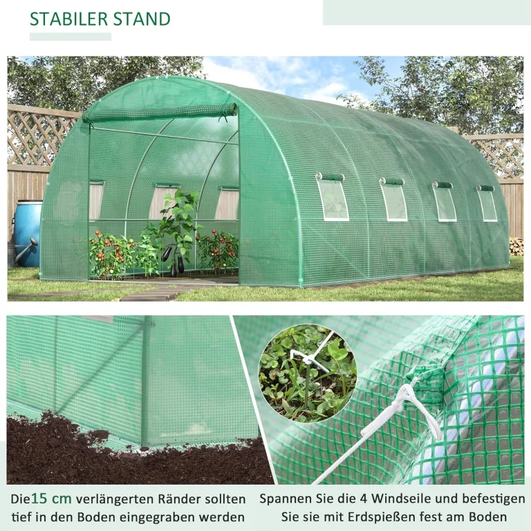 Outsunny Gewächshaus ca. 6 x 3 x 2 m Foliengewächshaus mit 8 Fenster, Rolltür, Aufrollbar Seitenwänden, UV-beständiger Folientunnel, Winterfest Tomatenhaus mit Erdanker, Grün – Bild 5