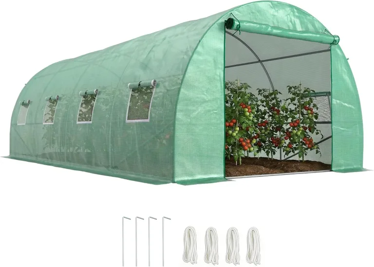 Outsunny Gewächshaus ca. 6 x 3 x 2 m Foliengewächshaus mit 8 Fenster, Rolltür, Aufrollbar Seitenwänden, UV-beständiger Folientunnel, Winterfest Tomatenhaus mit Erdanker, Grün – Bild 1