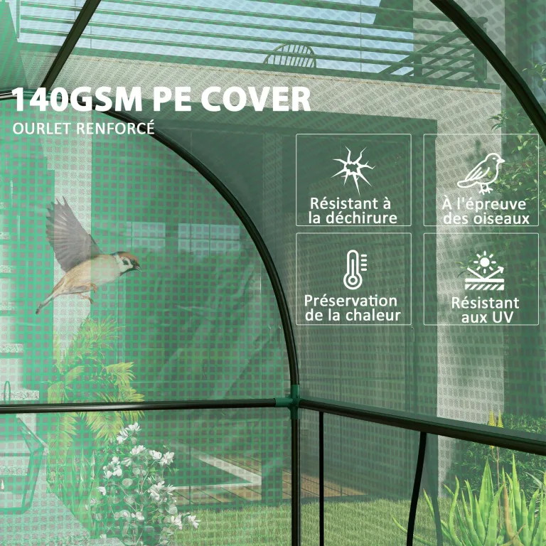 Outsunny Gartengewächshaus 2 m² Tomatengewächshaus 2 x 1 x 1,78 m 2 Rolltüren mit Reißverschluss Stahl PE hohe Dichte 140 g/m² UV-beständig grün – Bild 4