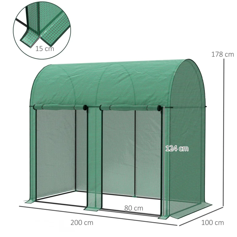 Outsunny Gartengewächshaus 2 m² Tomatengewächshaus 2 x 1 x 1,78 m 2 Rolltüren mit Reißverschluss Stahl PE hohe Dichte 140 g/m² UV-beständig grün – Bild 7