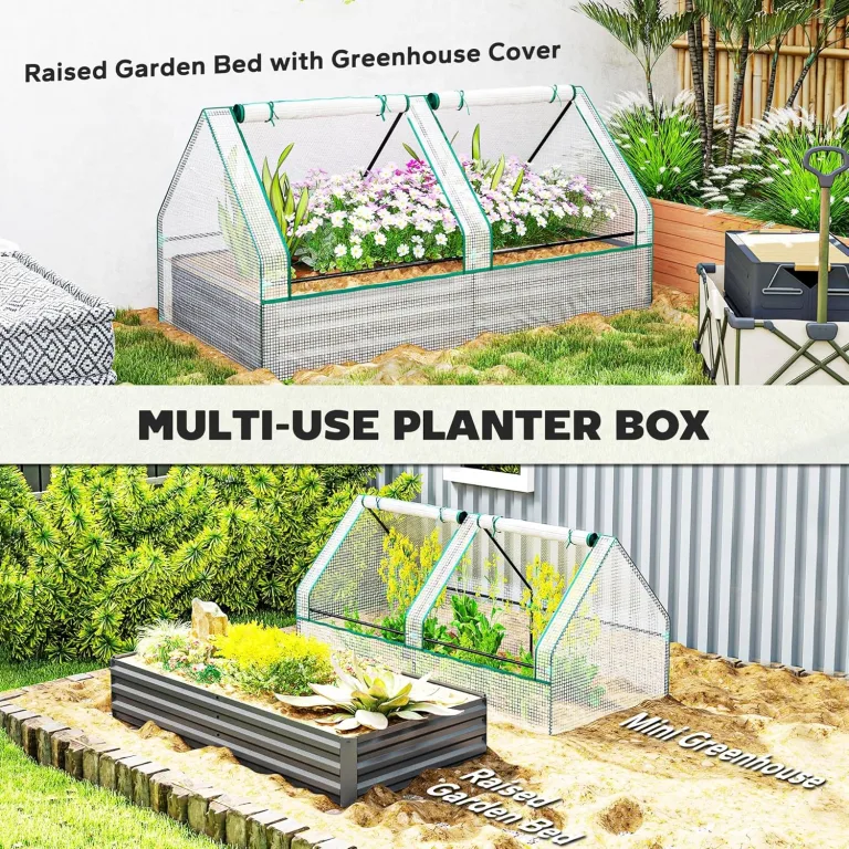 Outsunny Hochbeet mit Mini Gewächshaus, Outdoor Metall Pflanzkasten mit Abdeckung, für Kräuter und Gemüse, Nutzung für Terrasse, Garten, Balkon, Weiß und Dunkelgrau – Bild 3