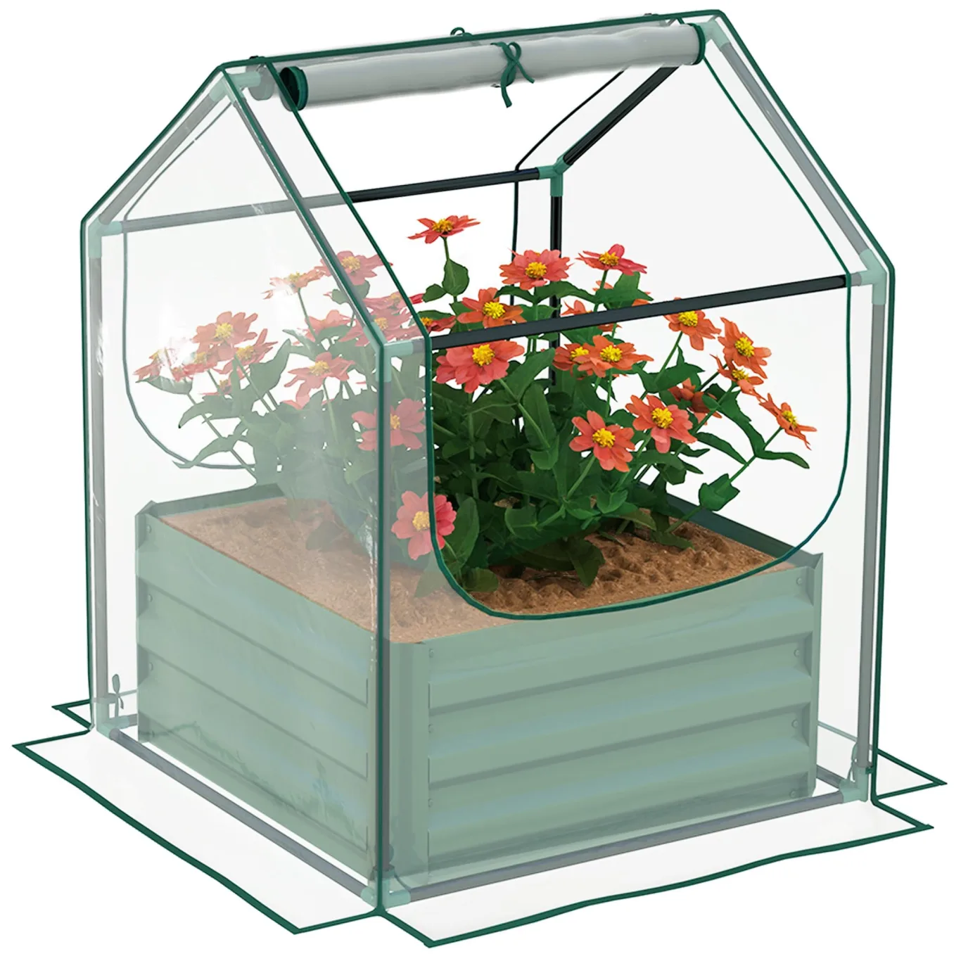 Outsunny Hochbeet mit Mini Gewächshaus, Outdoor Metall Pflanzkasten mit Abdeckung, für Kräuter und Gemüse, Verwendung für Terrasse, Garten, Balkon, Klar und Grün - Bild 1