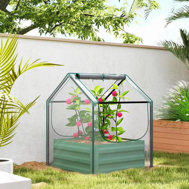 Outsunny Hochbeet mit Mini Gewächshaus, Outdoor Metall Pflanzkasten mit Abdeckung, für Kräuter und Gemüse, Verwendung für Terrasse, Garten, Balkon, Klar und Grün – Bild 2