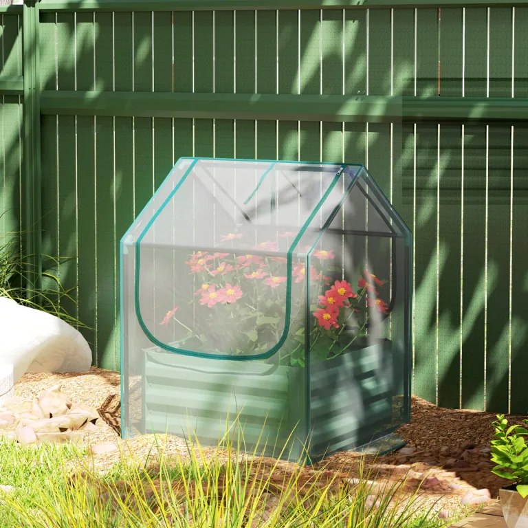 Outsunny Hochbeet mit Mini Gewächshaus, Outdoor Metall Pflanzkasten mit Abdeckung, für Kräuter und Gemüse, Verwendung für Terrasse, Garten, Balkon, Klar und Grün – Bild 8