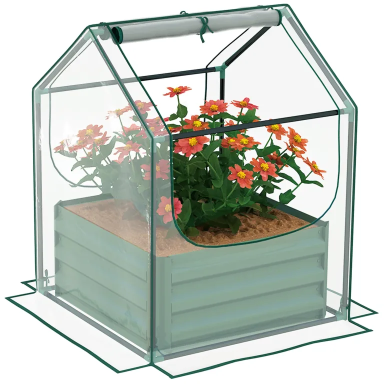 Outsunny Hochbeet mit Mini Gewächshaus, Outdoor Metall Pflanzkasten mit Abdeckung, für Kräuter und Gemüse, Verwendung für Terrasse, Garten, Balkon, Klar und Grün – Bild 1