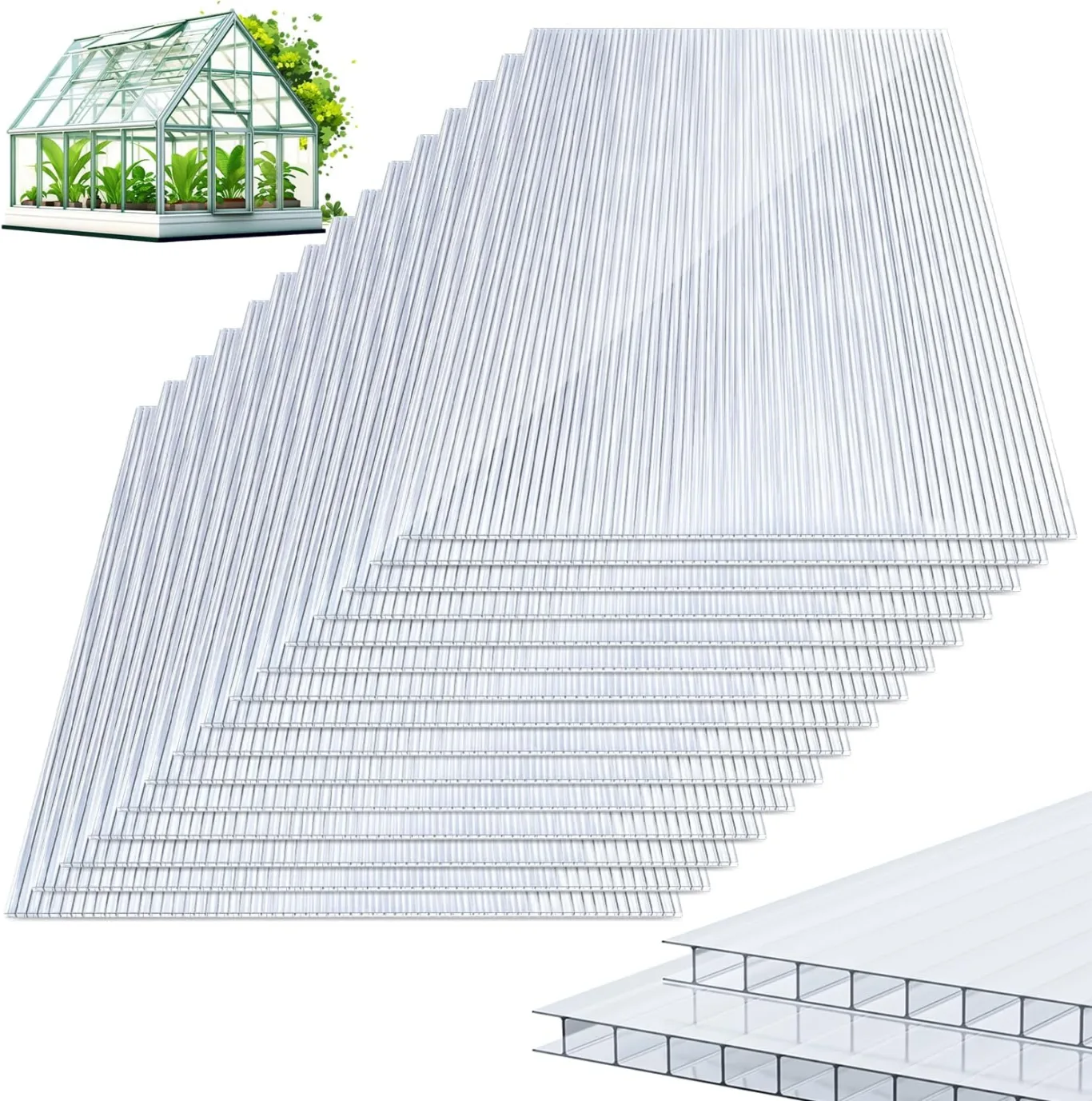 15x Polycarbonat Hohlkammerstegplatten 8mm Doppelstegplatte für Gewächshaus (60.5 x 121cm) | 1.2kg/m² Gewächshausplatte UV-beständigen für Gewächshaus Garten Treibhaus Ersatzplatten - Bild 1