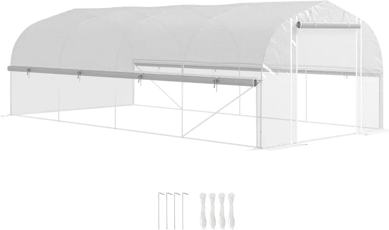 Outsunny Gewächshaus 6 x 3 x 2 m Foliengewächshaus mit 8 Fenster & Tür, Aufrollbar Seitenwänden, UV-beständiger Folientunnel Tomatenhaus mit verzinkten Stahlrahmen, Weiß