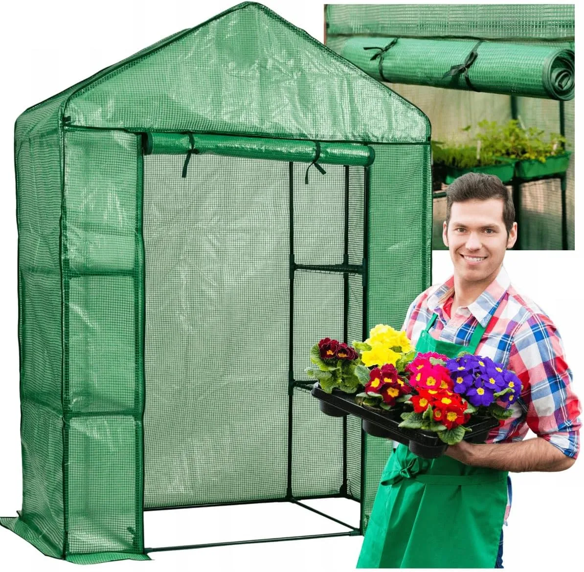MINI Garten Balkon Garten Tunnel FOLIAK 1,4x2 Lager,Gewächshaus, Foliengewächshaus mit 4 Ablagen, Tomatengewächshaus, Anlehngewächshaus, mit aufrollbarer Tür, Balkon Garten Terrasse, Winterfest - Bild 1