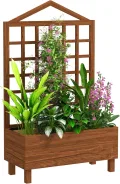 Outsunny Pflanzgefäße aus Holz mit Rankgitter für Rankenklettern Hochbeete für Garten Terrasse Outdoor Pflanzkasten für Gemüse Blumen Kräuter Distressed Brown - Thumbnail 1