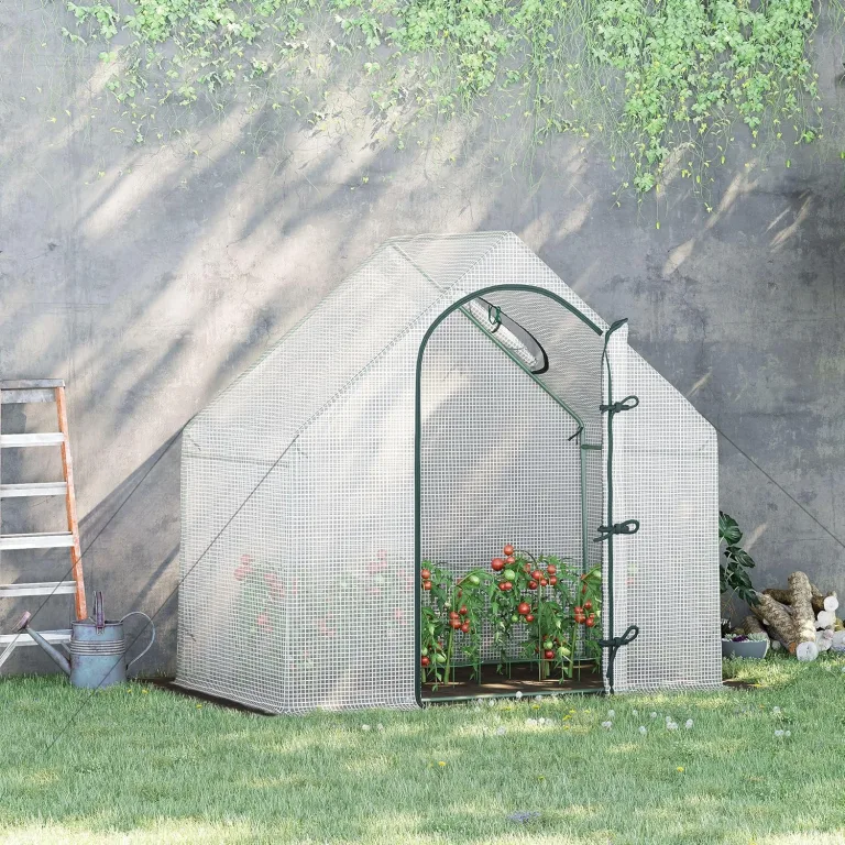 Outsunny Gewächshaus, 180 x 100 x 168 cm Foliengewächshaus mit Rolltür, Treibhaus, Tomatenhaus mit Obenfenster, PE-Gitterfolie, Winterfest Pflanzenhaus für Garten, Balkon, Weiß – Bild 3