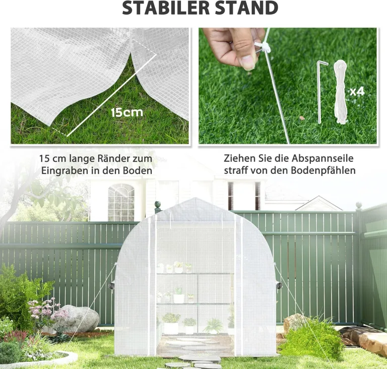 Outsunny Gewächshaus 3 x 2 x 2 m Foliengewächshaus mit 4 Fenster & Tür, Aufrollbar Seitenwänden, UV-beständiger Folientunnel Tomatenhaus mit verzinkten Stahlrahmen, Weiß – Bild 6