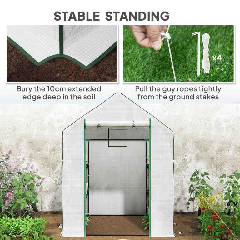 Outsunny Begehbares Gewächshaus mit 3 Etagen 8 Ablagen, kleines Gewächshaus mit verstärkter PE-Abdeckung, Gartenpflanzengewächshaus mit Rolltür und drei Gitterfenstern, 140 x 143 x 190 cm, Weiß – Bild 6