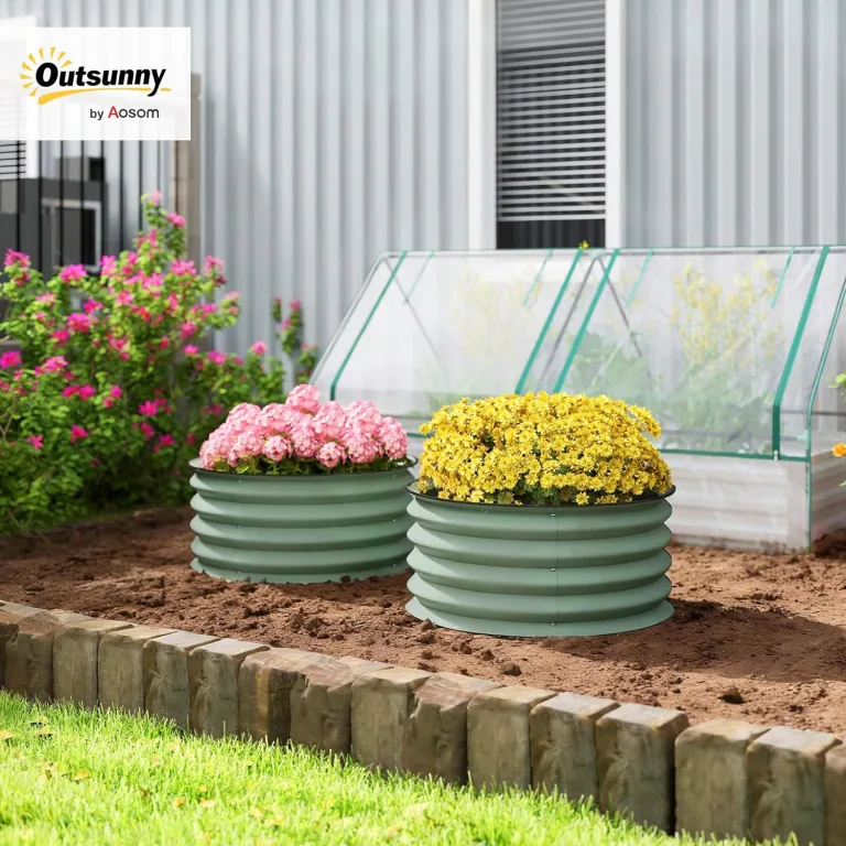Outsunny 2er-Set Hochbeet aus Stahl, Pflanzbeet Frühbeet Gartenbeet Blumenkasten stapelbar, Pflanzkasten Gemüsebeet Ø60x30cm für Garten Balkon, Pflanzkübel für Blumen, Pflanzen, Gemüse – Bild 2
