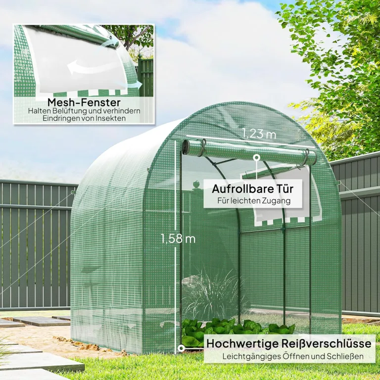 Outsunny Gewächshaus, Foliengewächshaus mit Aufrollbare Fenster & Tür, Netzfenster UV Schutz, Folientunnel, Tomatenhaus Winterfest Treibhaus für Garten, Balkon, 1,8 x 1,8 x 2 m Grün – Bild 5