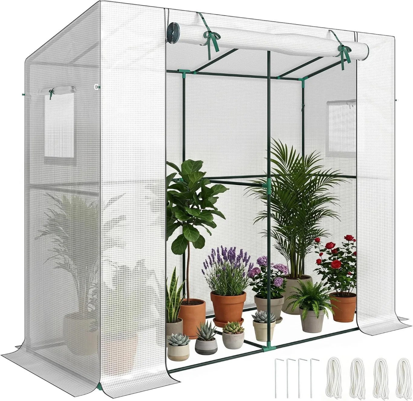 Outsunny Gewächshaus mit Rolltür 2 Fenster, Winterfest Foliengewächshaus aus Stahl, Treibhaus für Balkon, Garten, Tomatenhaus mit UV Schutz 200x76x170cm Tomatengewächshaus für Gemüse Blumen, Weiß - Bild 1