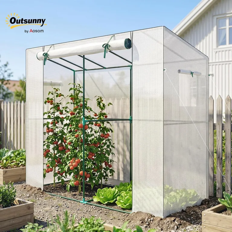 Outsunny Gewächshaus mit Rolltür 2 Fenster, Winterfest Foliengewächshaus aus Stahl, Treibhaus für Balkon, Garten, Tomatenhaus mit UV Schutz 200x76x170cm Tomatengewächshaus für Gemüse Blumen, Weiß – Bild 2
