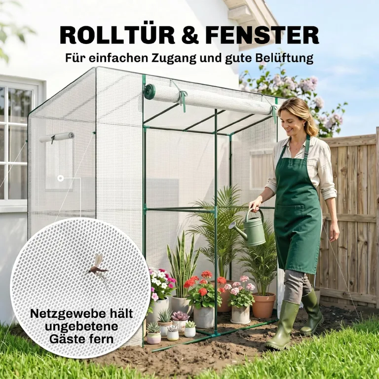 Outsunny Gewächshaus mit Rolltür 2 Fenster, Winterfest Foliengewächshaus aus Stahl, Treibhaus für Balkon, Garten, Tomatenhaus mit UV Schutz 200x76x170cm Tomatengewächshaus für Gemüse Blumen, Weiß – Bild 5