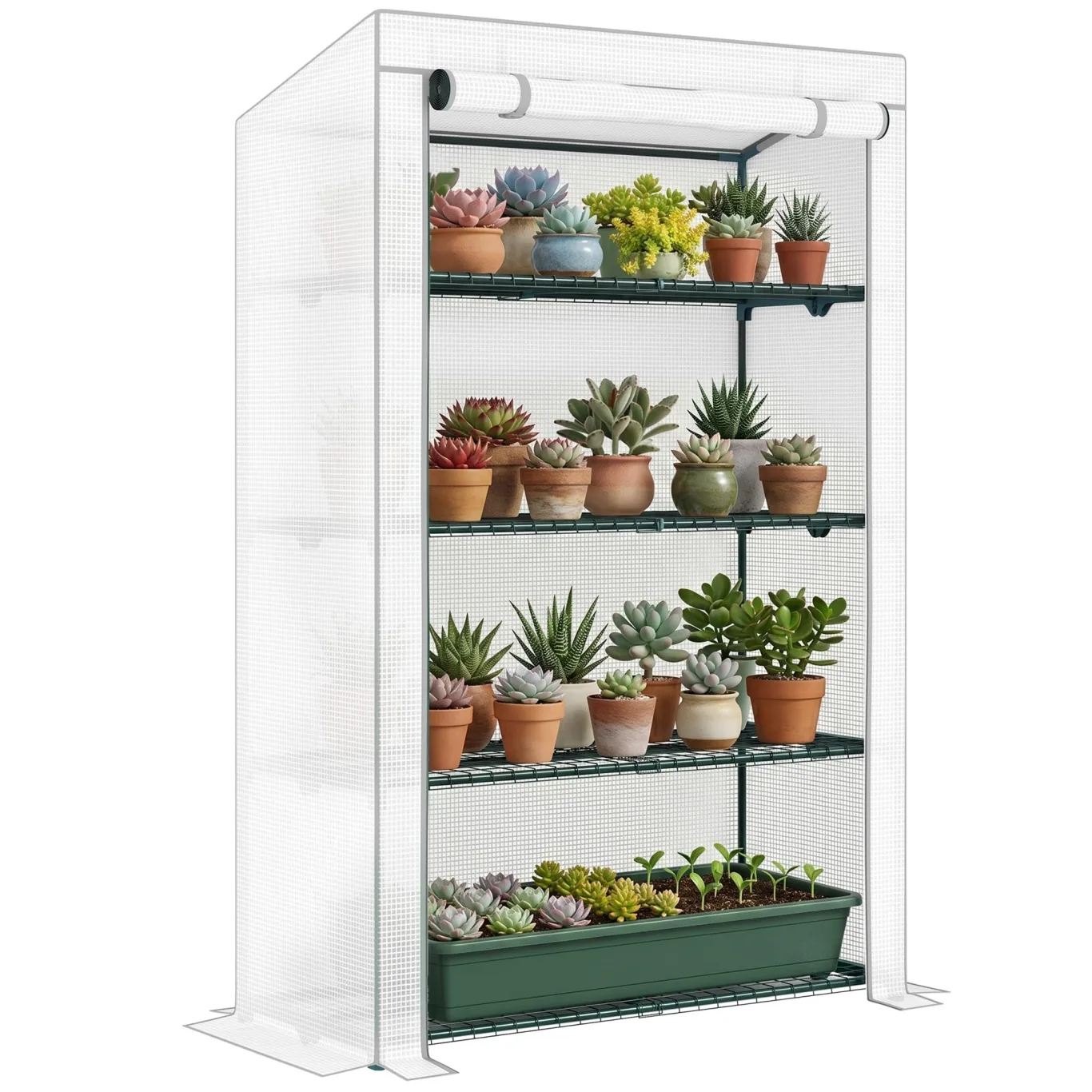 Outsunny 4-stöckiges Mini-Gewächshaus mit verstärkter PE-Abdeckung, tragbares kleines Gewächshaus mit aufrollbarer Tür, grau gesäumter Rand, 110 x 50 x 171 cm, Grau - Bild 1