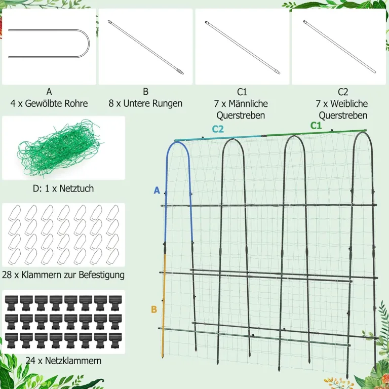 COSTWAY Gurke Rankgitter 180cm hoch, einstellbare Breite, Rankhilfe mit Ranknetz, Garten Gurkengitter Metall, Pflanzenspalier für Kletterpflanzen, Gitterspalier für Gurken Tomaten Efeu, inkl. Zubehör – Bild 7