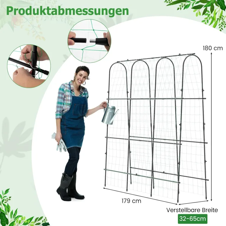 COSTWAY Gurke Rankgitter 180cm hoch, einstellbare Breite, Rankhilfe mit Ranknetz, Garten Gurkengitter Metall, Pflanzenspalier für Kletterpflanzen, Gitterspalier für Gurken Tomaten Efeu, inkl. Zubehör – Bild 4