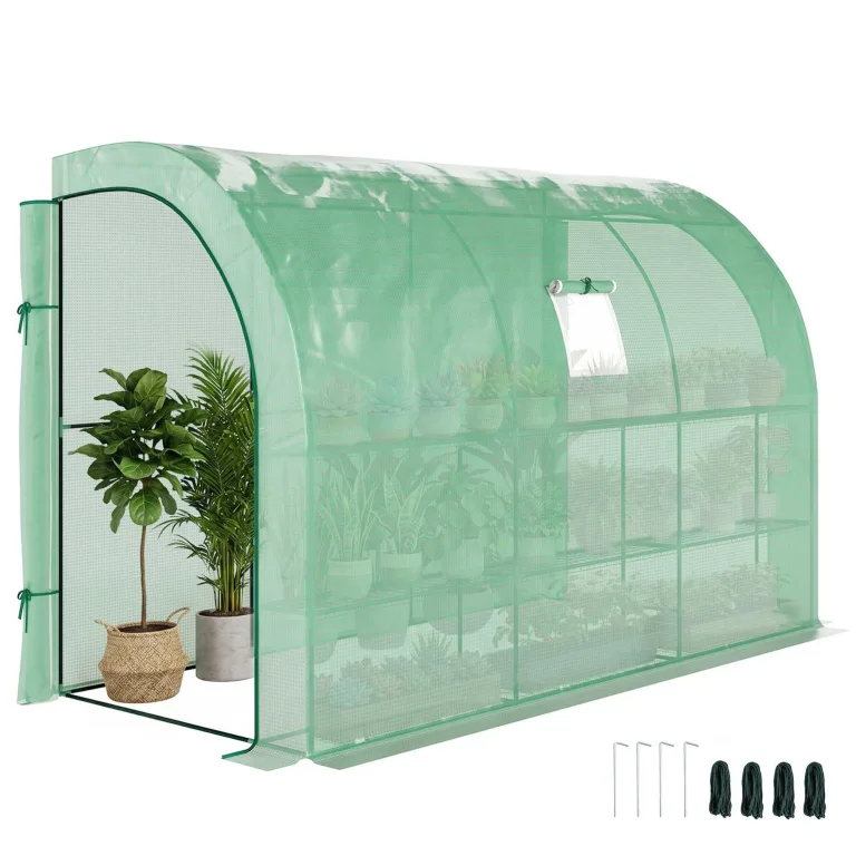Outsunny Gewächshaus mit Regale Fenster, winterfest Foliengewächshaus aus Stahl, wandmontiert Treibhaus für Balkon, Garten, Tomatenhaus 300x150x213cm Tomatengewächshaus für Gemüse Blumen Pflanzen Weiß – Bild 10
