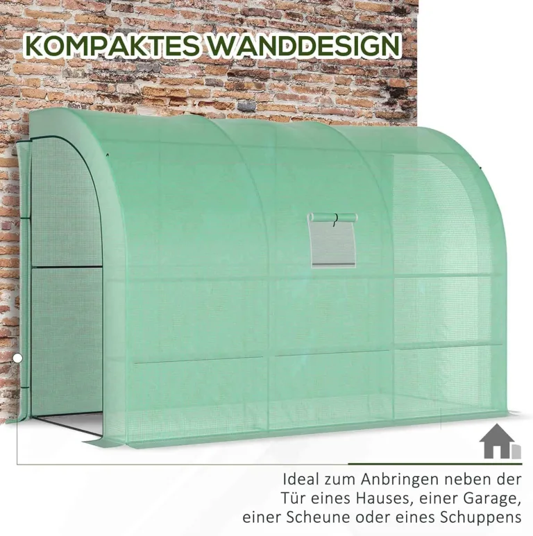 Outsunny Gewächshaus mit Regale Fenster, winterfest Foliengewächshaus aus Stahl, wandmontiert Treibhaus für Balkon, Garten, Tomatenhaus 300x150x213cm Tomatengewächshaus für Gemüse Blumen Pflanzen Grün – Bild 4